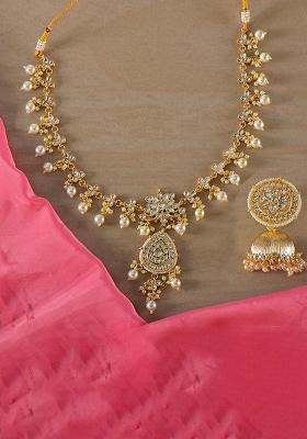 Golden White Designer Brass Kundan Necklace With Earring Set