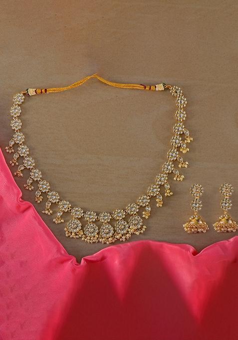 Golden White Designer Brass Kundan Necklace With Earring Set