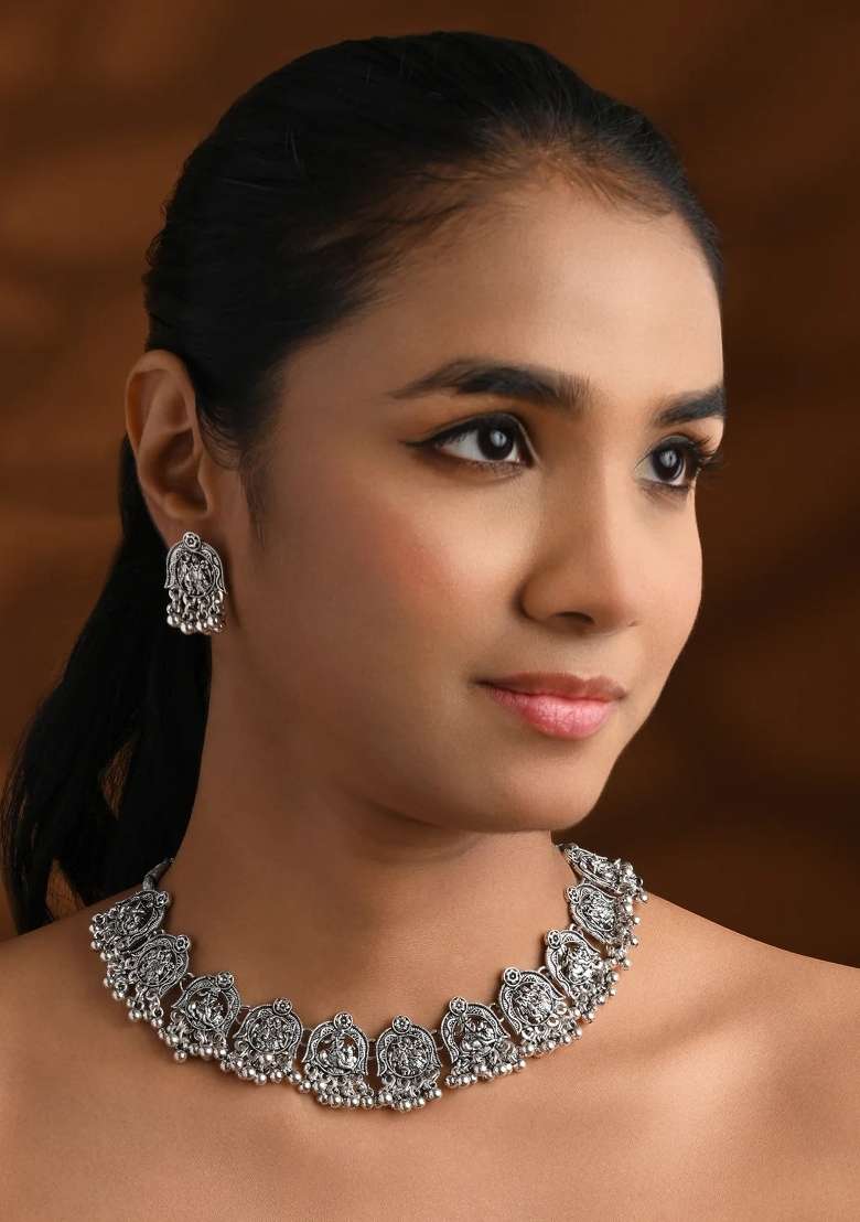 Oxidised Platinum Plating Zinc Alloy Jewellery Set - Indya