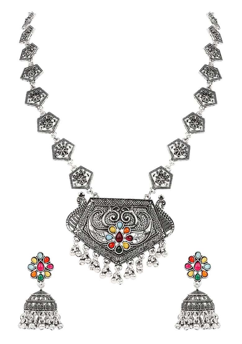 Oxidised Platinum Plating Zinc Alloy Jewellery Set - Indya