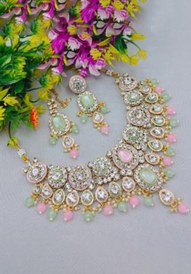 Green Kundan Work Alloy Metal Necklace set