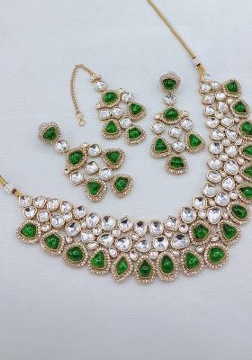 Green Kundan Work Alloy Metal Necklace set