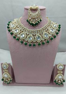 Green Kundan Work Alloy Metal Necklace set