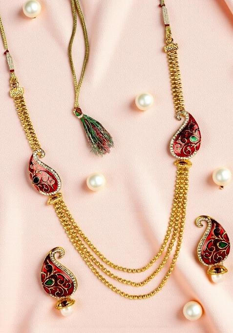 Maroon Gold Plated Brass Jewellery Set