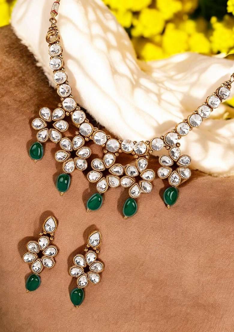 Green Gold Plated Brass Jewellery Set - Indya