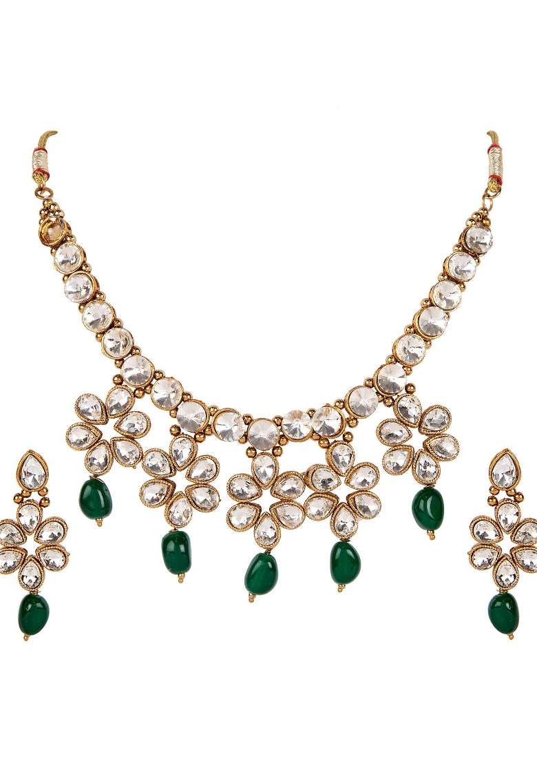 Green Gold Plated Brass Jewellery Set - Indya