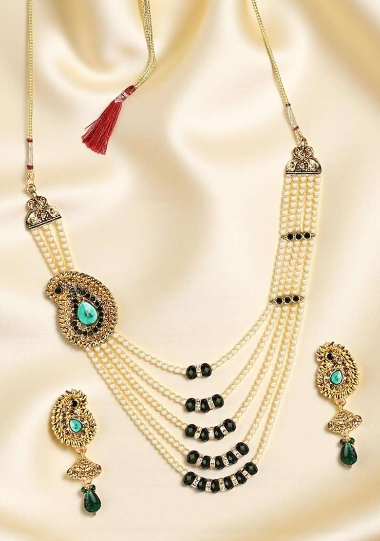 Green Gold Plated Brass Jewellery Set - Indya