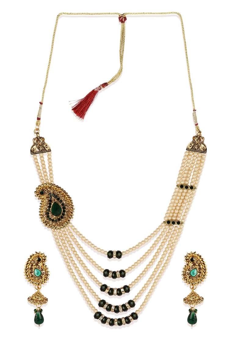 Green Gold Plated Brass Jewellery Set - Indya