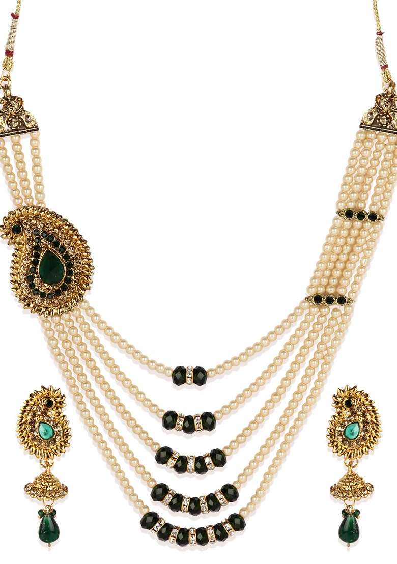 Green Gold Plated Brass Jewellery Set - Indya