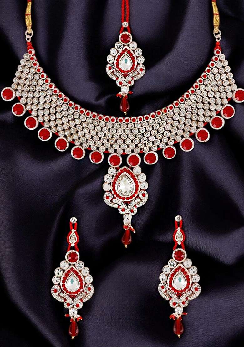Red Silver Plated Brass Jewellery Set - Indya