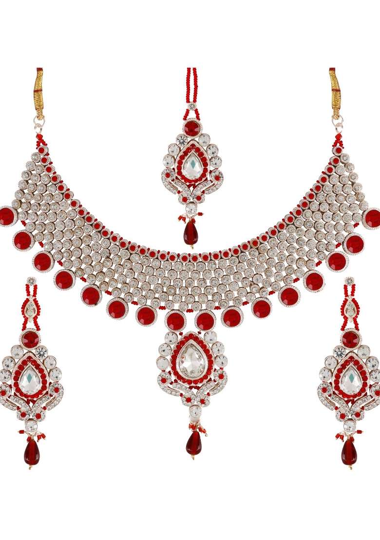 Red Silver Plated Brass Jewellery Set - Indya