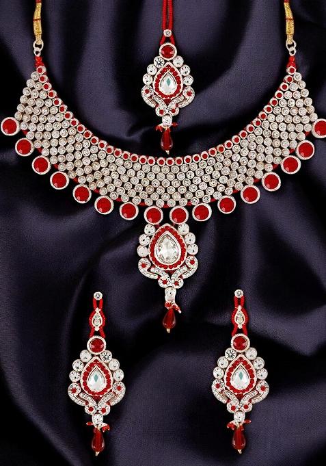 Red Silver Plated Brass Jewellery Set
