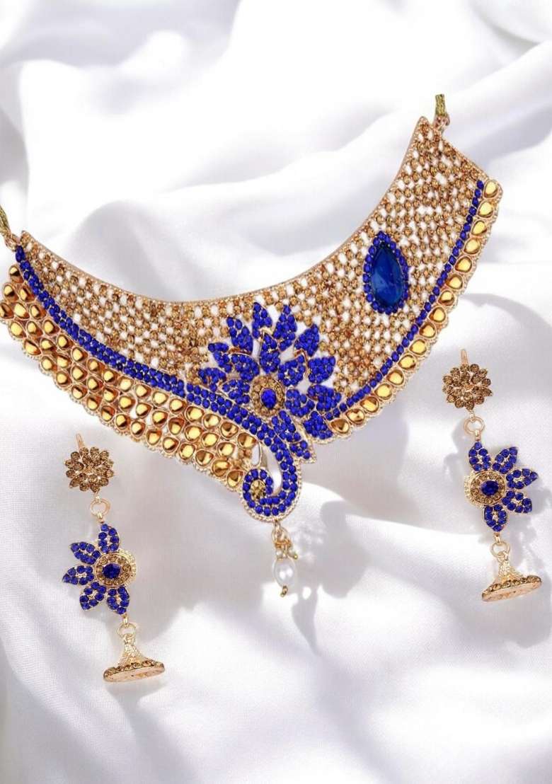 Blue Gold Plated Brass Jewellery Set - Indya