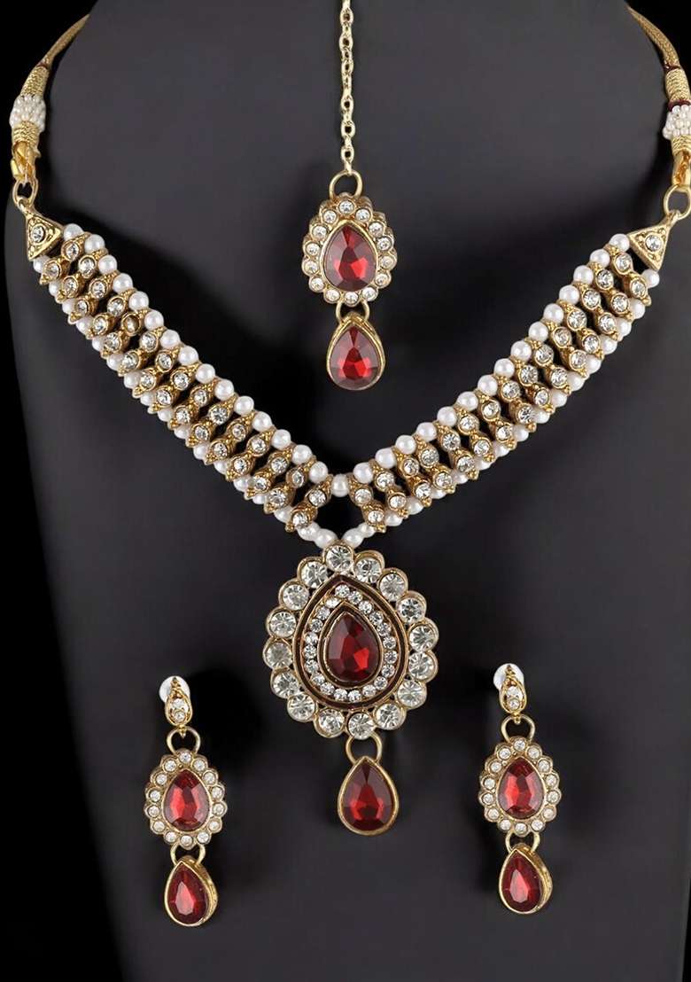 Red Gold Plated Brass Jewellery Set - Indya