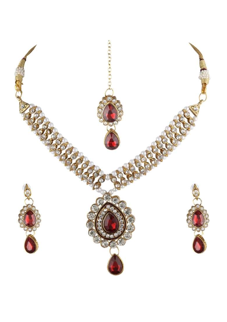 Red Gold Plated Brass Jewellery Set - Indya