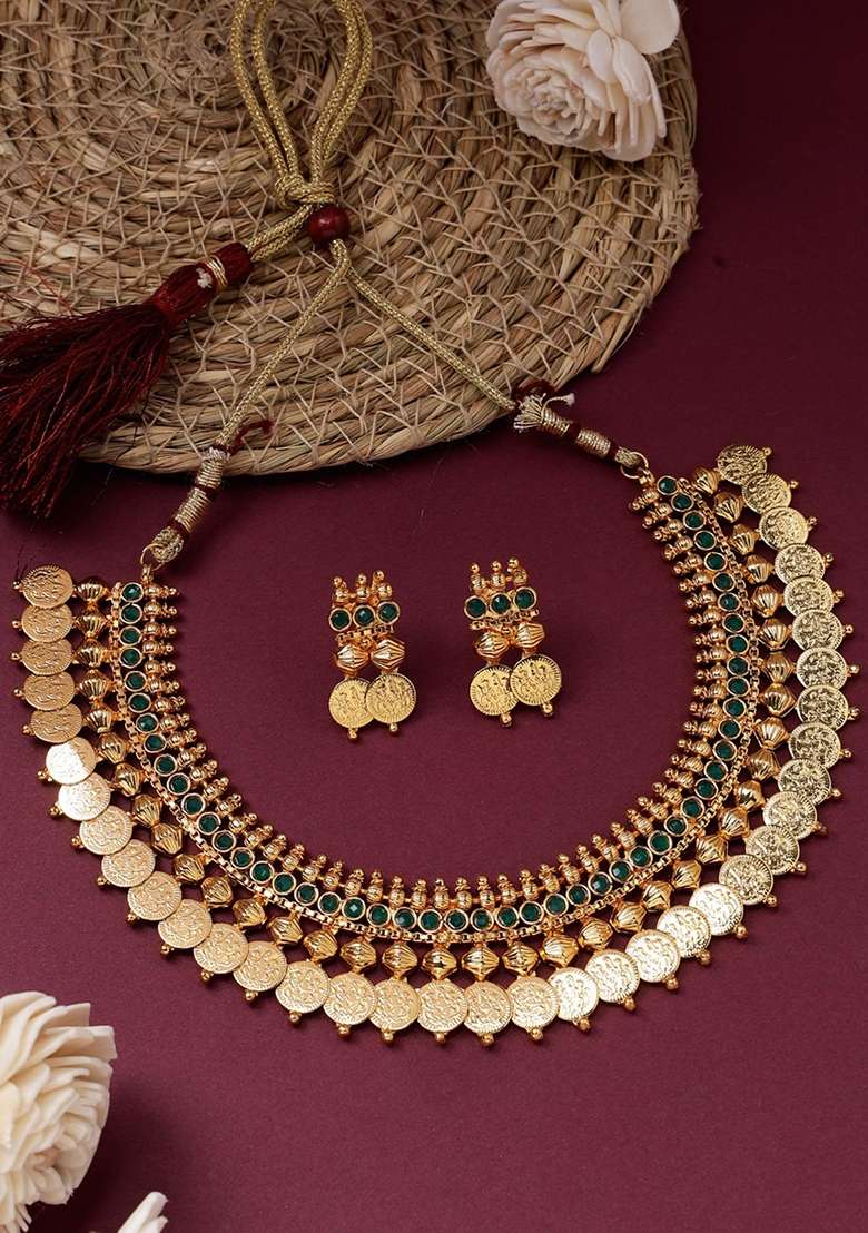 Green Gold Plated Brass Jewellery Set - Indya