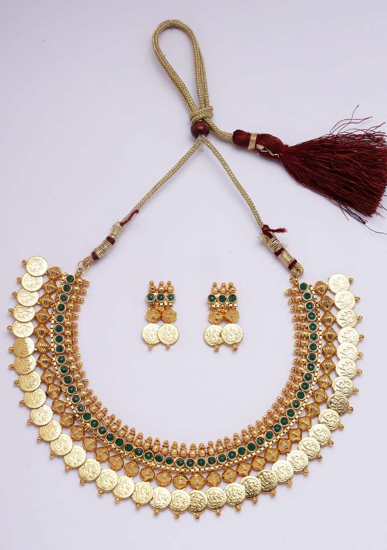 Green Gold Plated Brass Jewellery Set - Indya