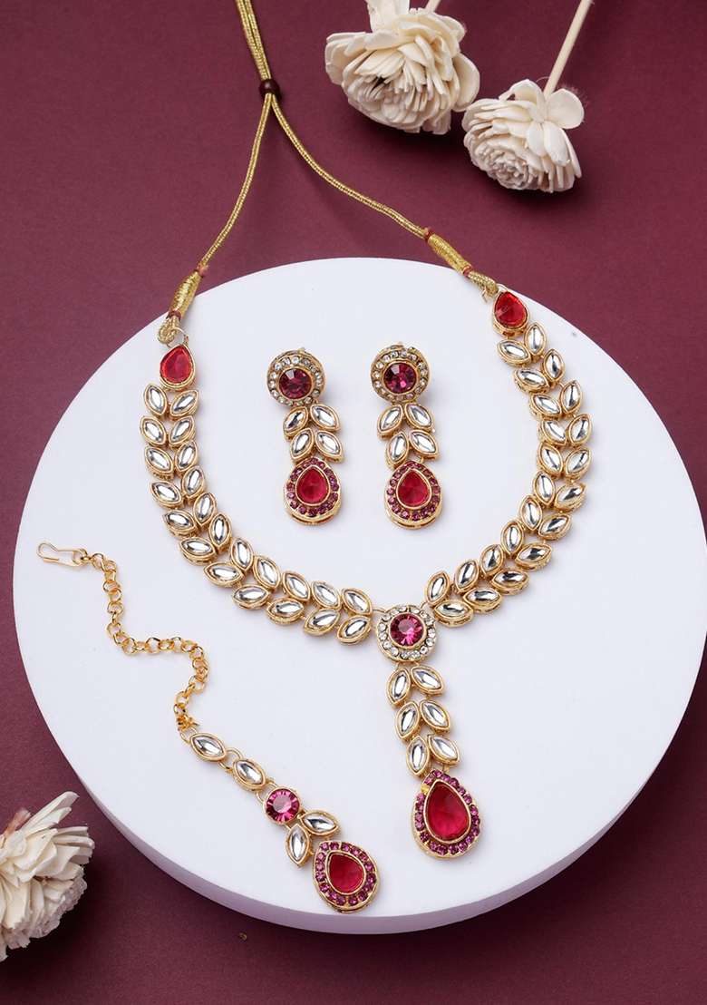 Maroon Gold Plated Brass Jewellery Set - Indya