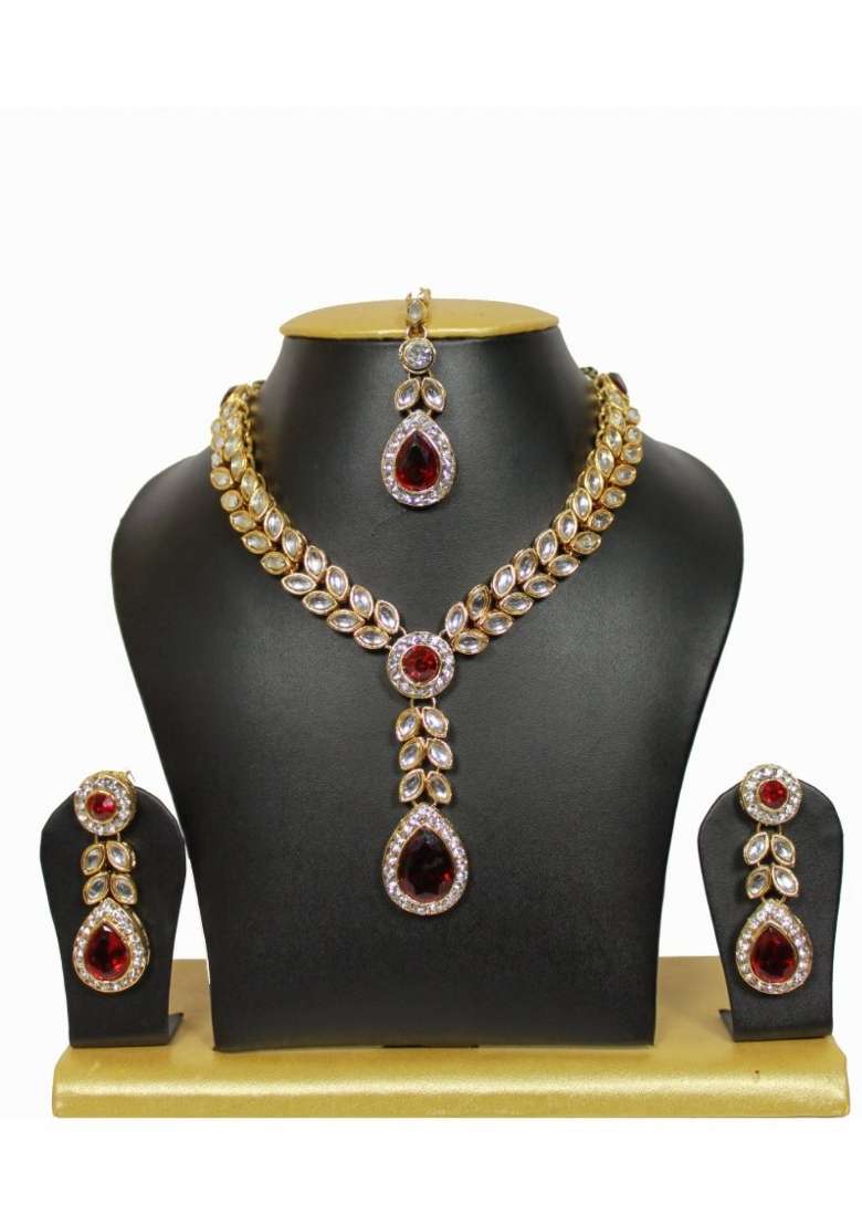Maroon Gold Plated Brass Jewellery Set - Indya