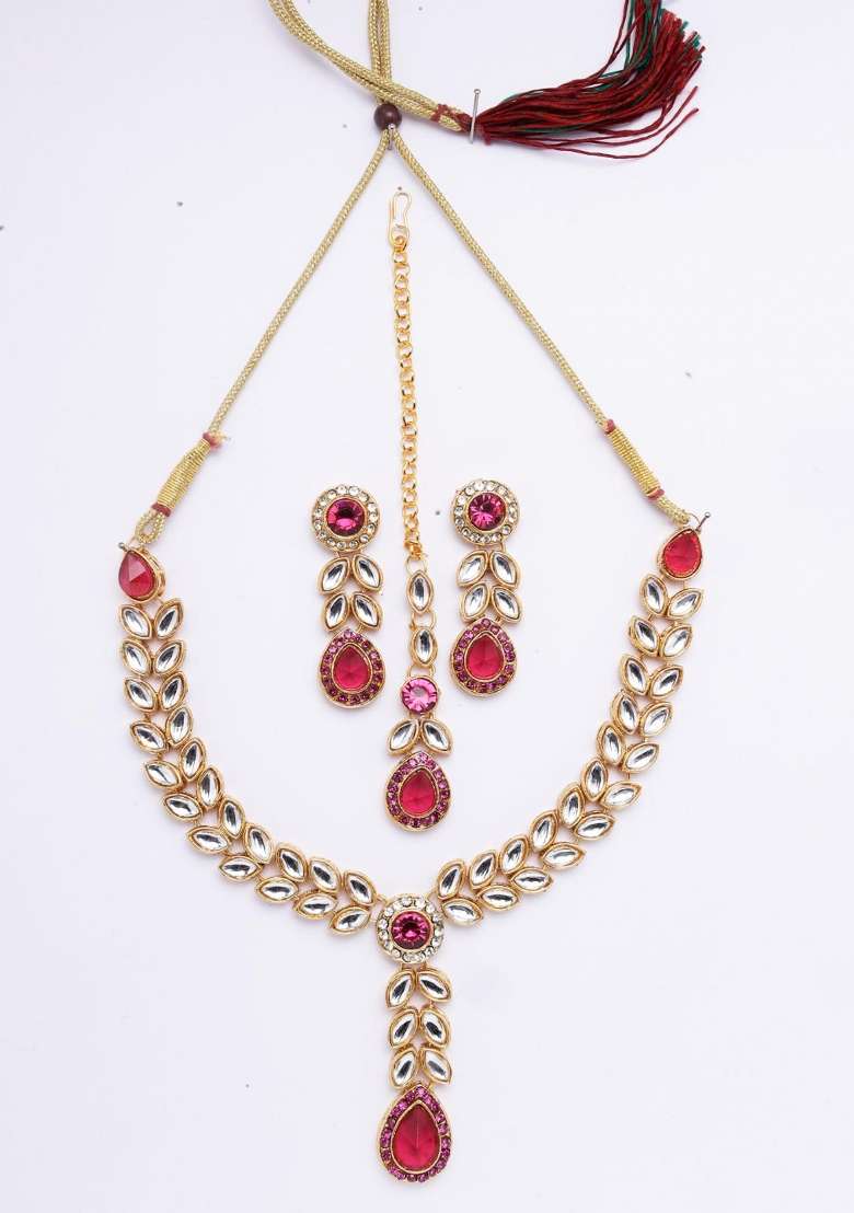 Maroon Gold Plated Brass Jewellery Set - Indya