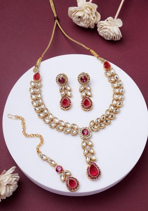 Maroon Gold Plated Brass Jewellery Set