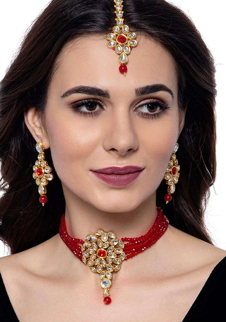 Red Gold Plated Brass Jewellery Set - Indya