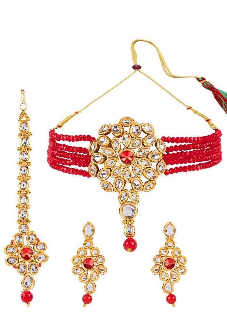 Red Gold Plated Brass Jewellery Set - Indya