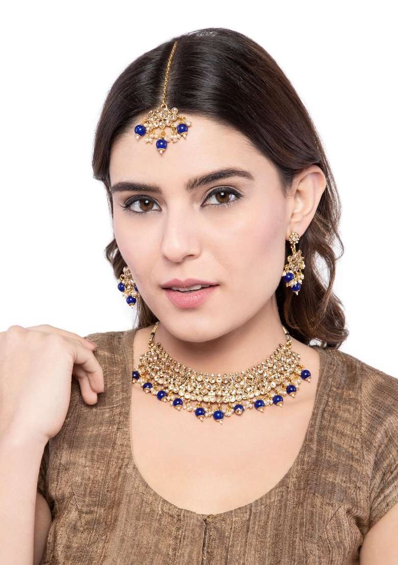 Blue Gold Plated Brass Jewellery Set - Indya