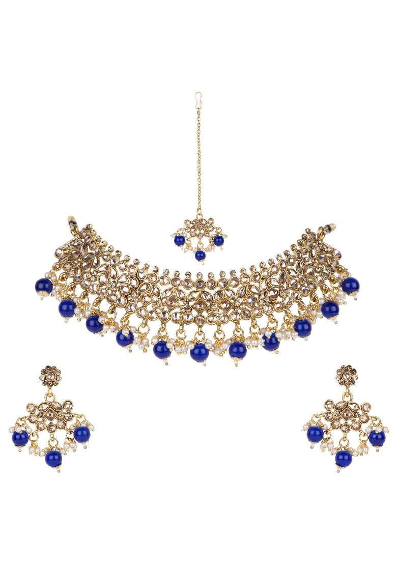 Blue Gold Plated Brass Jewellery Set - Indya