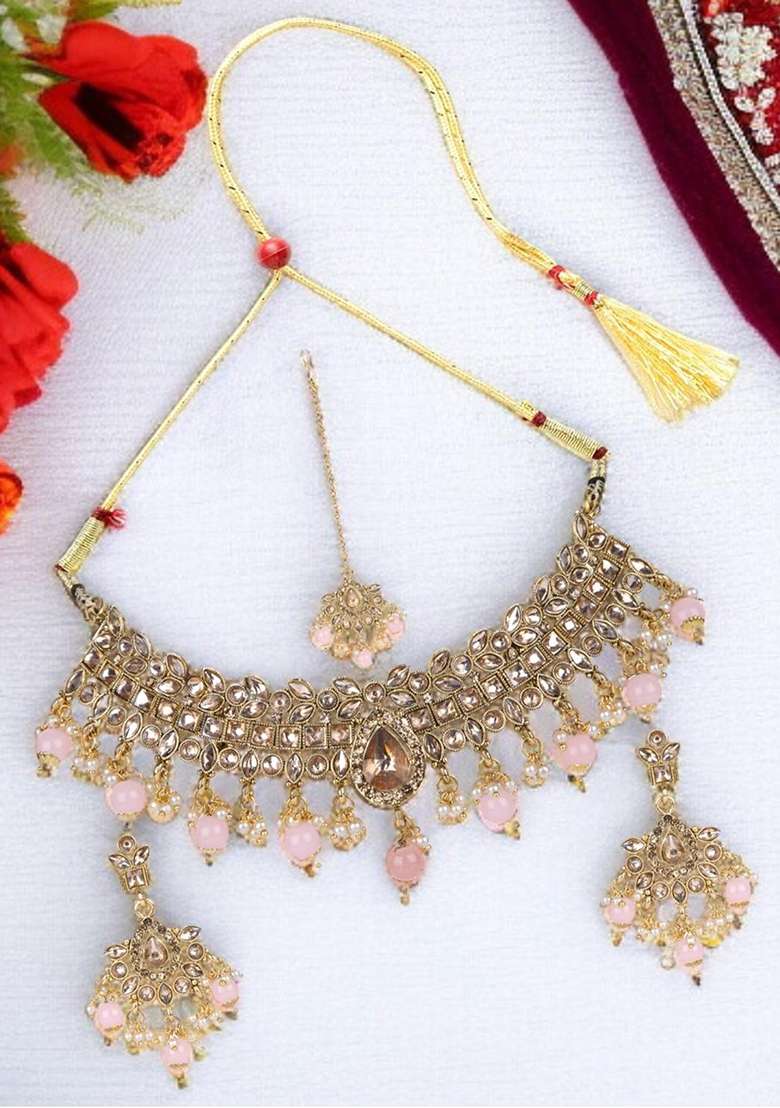 Pink Gold Plated Brass Jewellery Set - Indya