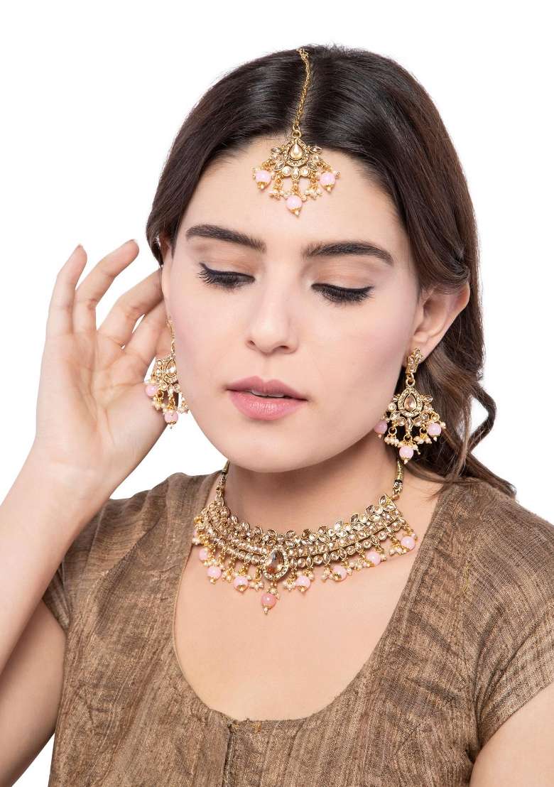 Pink Gold Plated Brass Jewellery Set - Indya