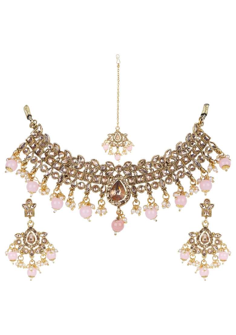 Pink Gold Plated Brass Jewellery Set - Indya