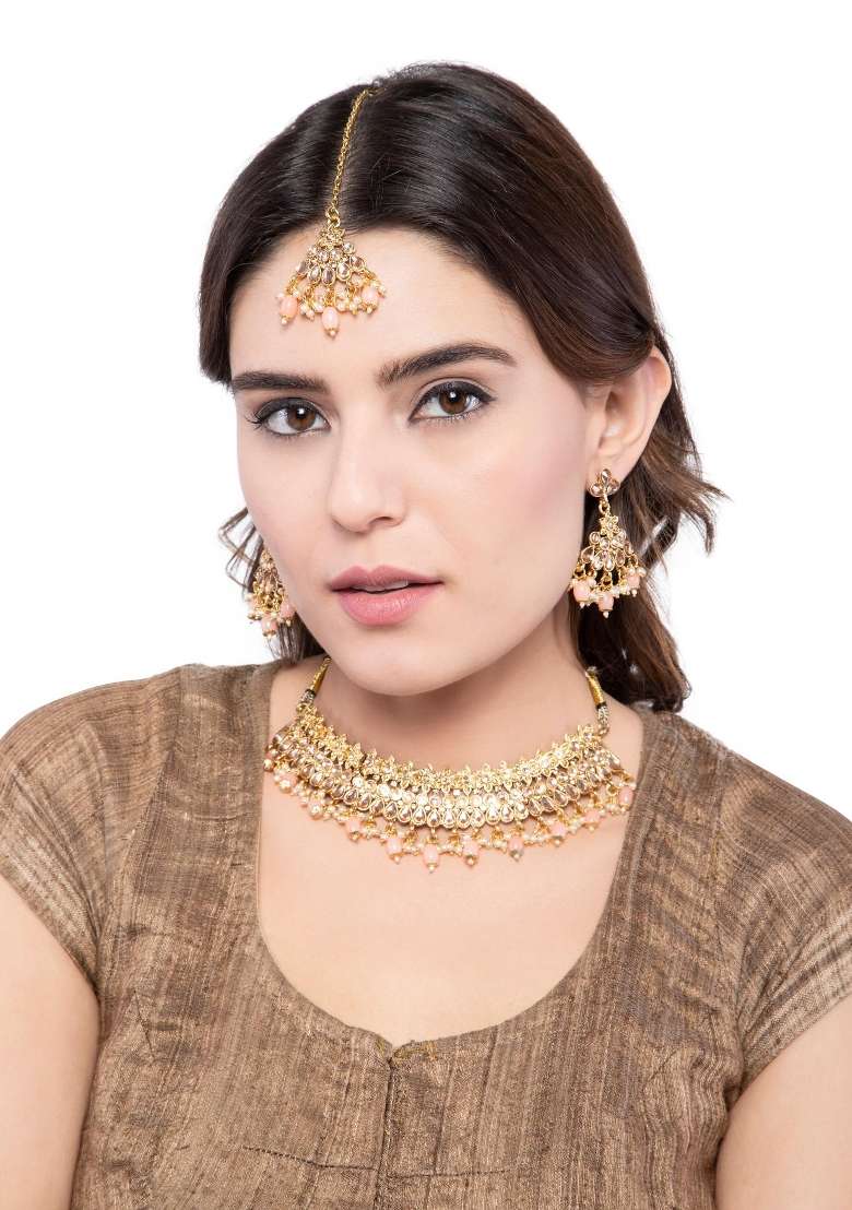 Peach Gold Plated Brass Jewellery Set - Indya