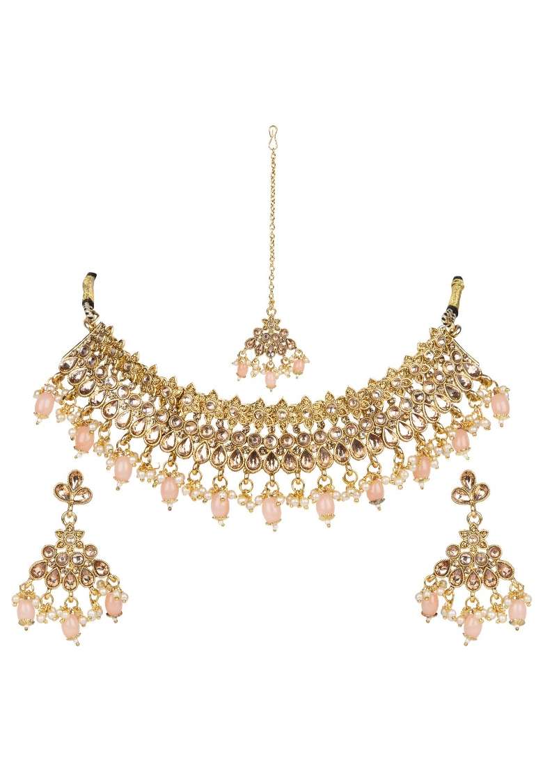 Peach Gold Plated Brass Jewellery Set - Indya