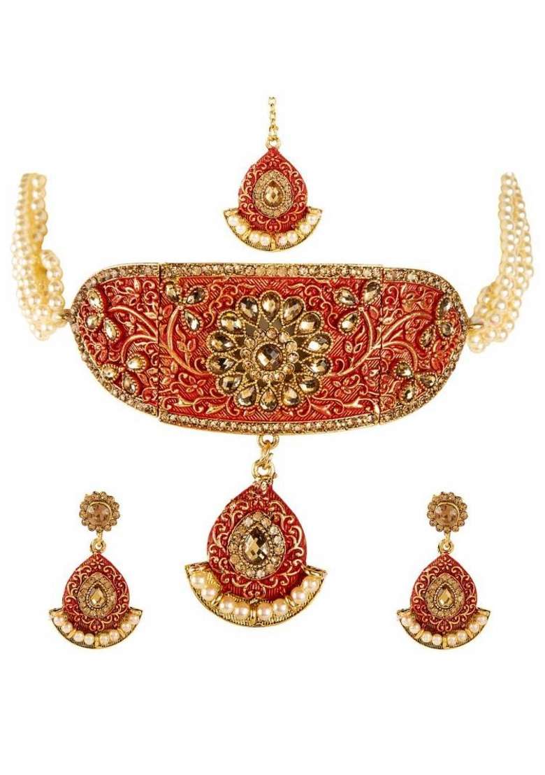 Red Gold Plated Brass Jewellery Set - Indya