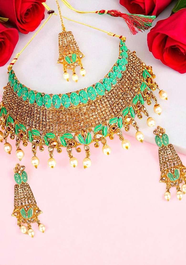 Turquoise Green Gold Plated Brass Jewellery Set - Indya