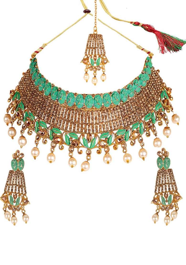 Turquoise Green Gold Plated Brass Jewellery Set - Indya