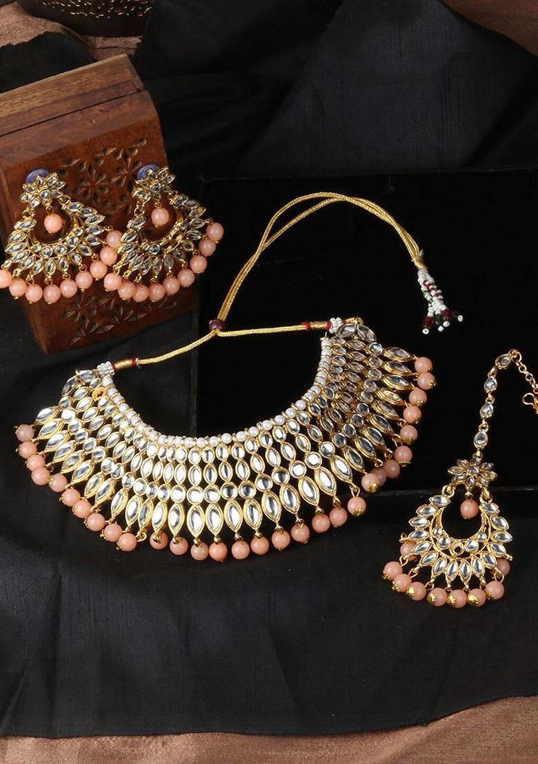 Peach Gold Plated Brass Jewellery Set - Indya