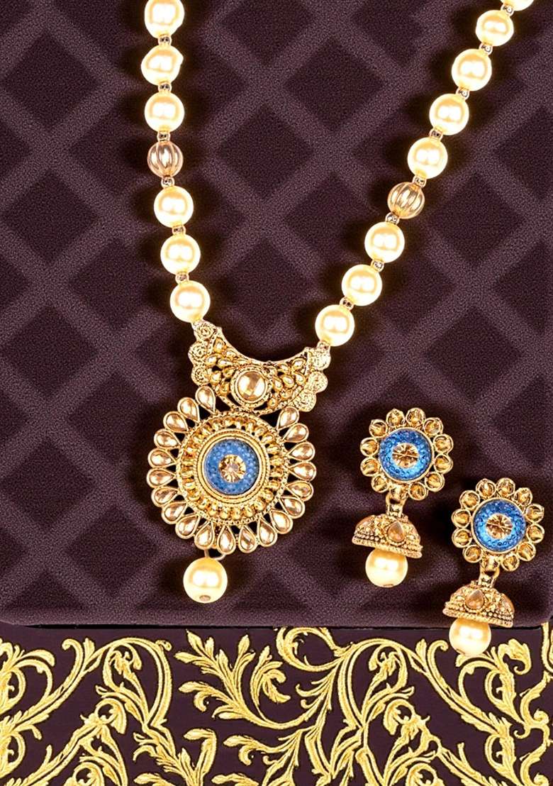Blue Gold Plated Brass Jewellery Set - Indya