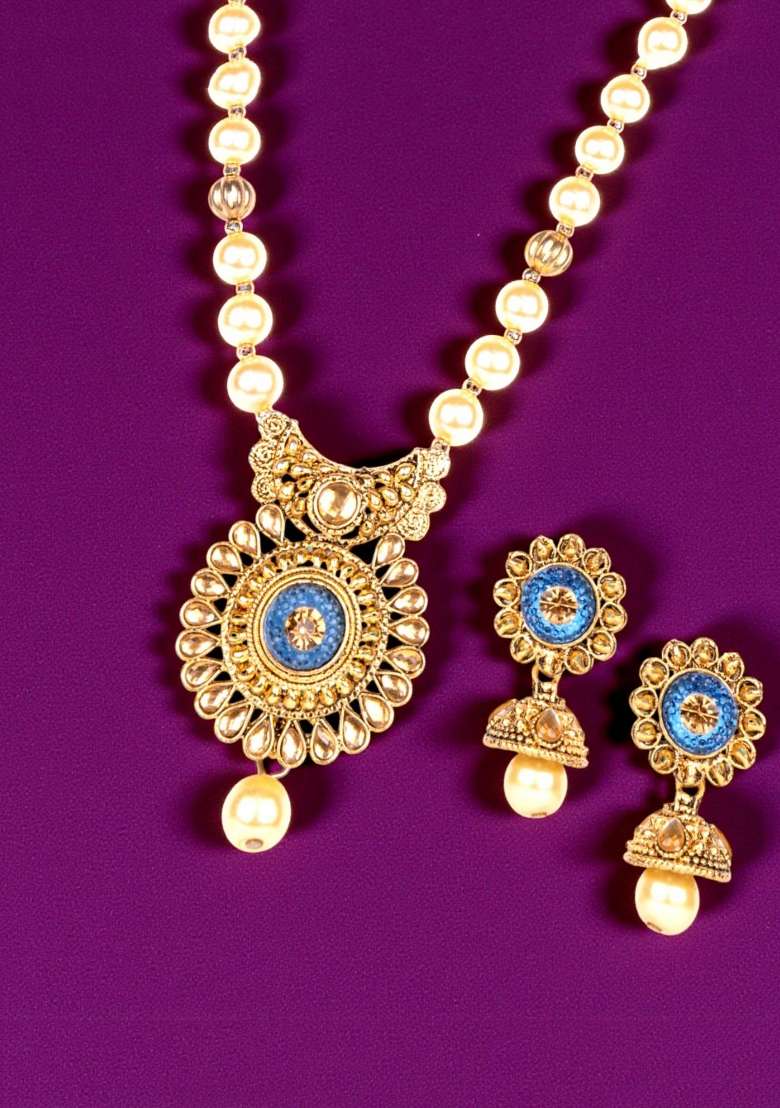 Blue Gold Plated Brass Jewellery Set - Indya