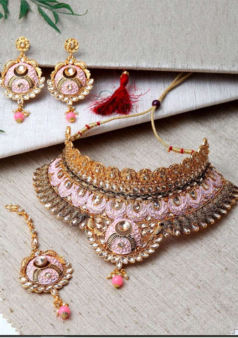 Pink Gold Plated Brass Jewellery Set - Indya
