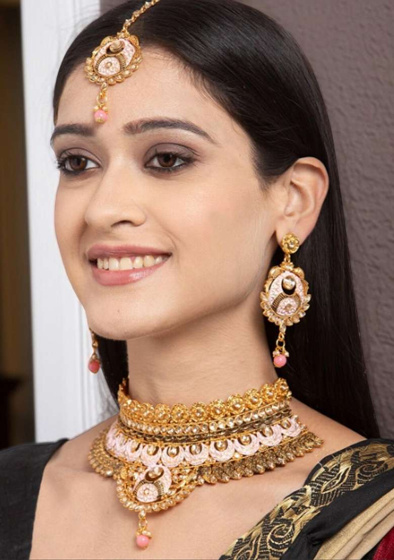 Pink Gold Plated Brass Jewellery Set - Indya