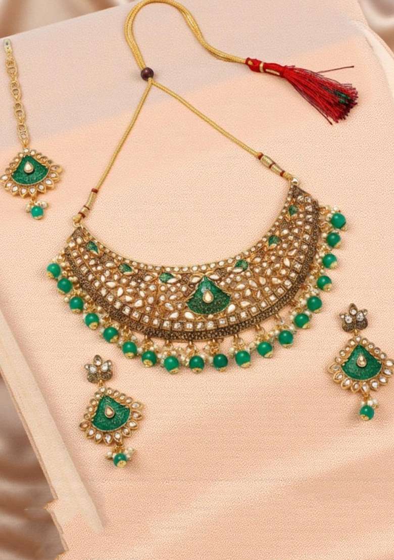Green Gold Plated Brass Jewellery Set - Indya