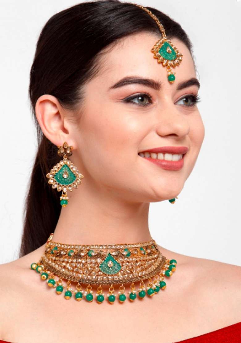 Green Gold Plated Brass Jewellery Set - Indya