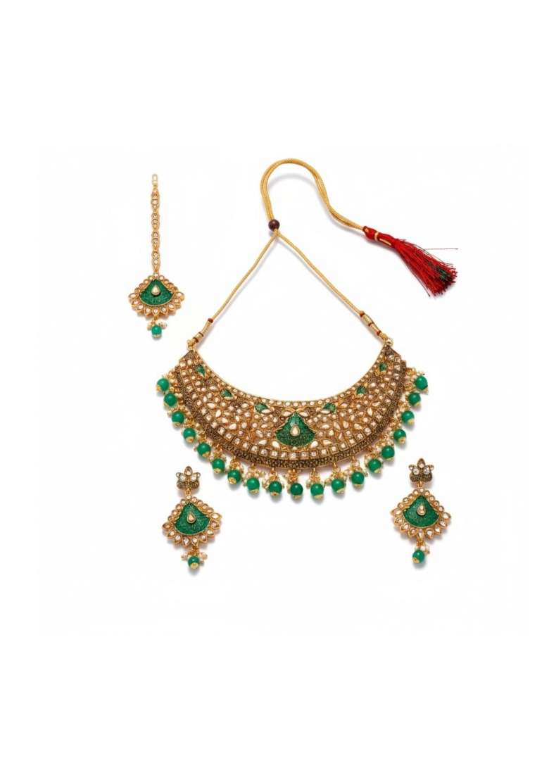 Green Gold Plated Brass Jewellery Set - Indya