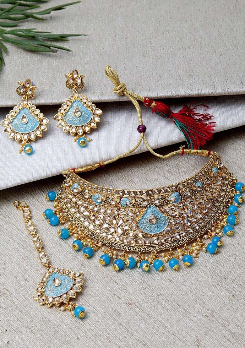 Light Blue Gold Plated Brass Jewellery Set - Indya