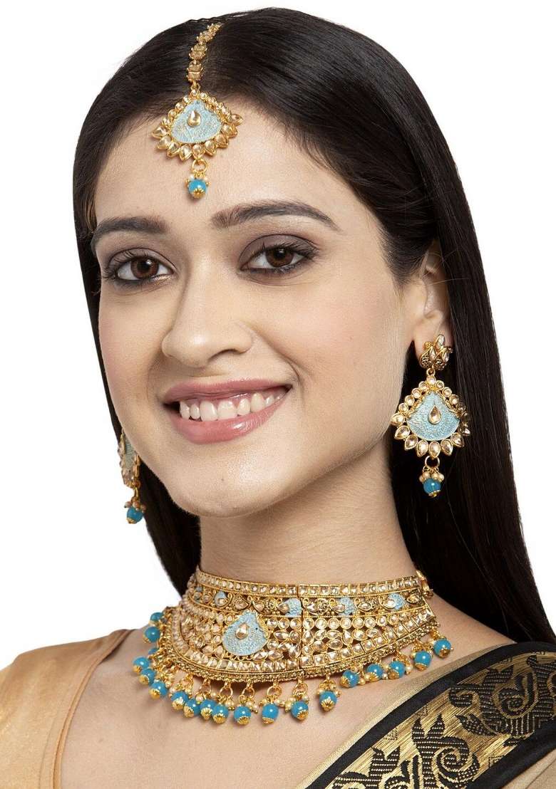 Light Blue Gold Plated Brass Jewellery Set - Indya