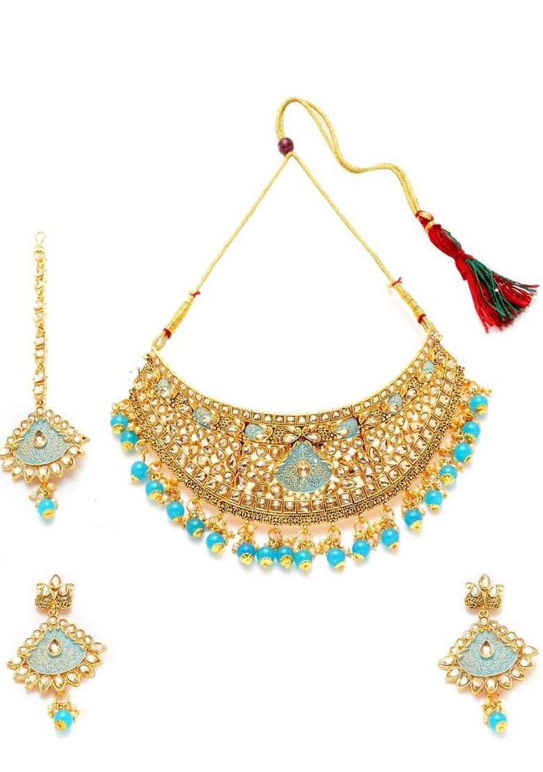 Light Blue Gold Plated Brass Jewellery Set - Indya
