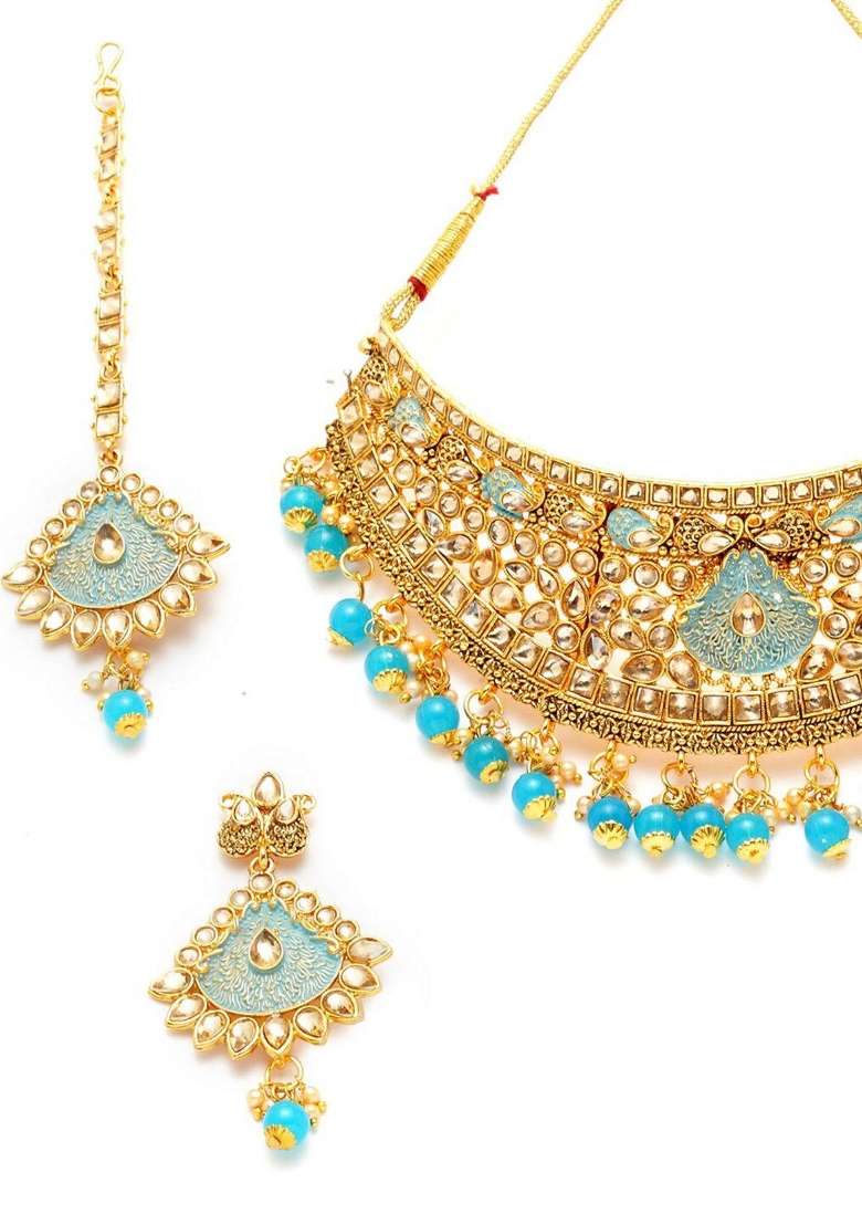 Light Blue Gold Plated Brass Jewellery Set - Indya