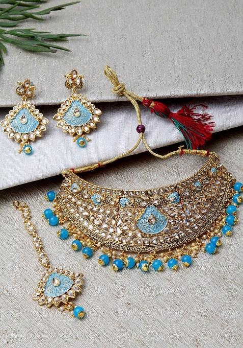 Light Blue Gold Plated Brass Jewellery Set
